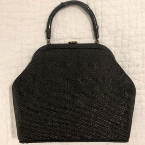 Vintage Black Handbag with Black Bamboo Handle